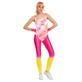 Retro 80s Colorful Rose Pink Printed 6 Piece Set Fitness Clothing For Adult Women Cosplay Costume Outfits Halloween Carnival Party Suit